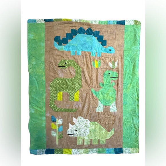 Dinosaur Baby Blanket Quilted Patchwork Fleece Side - Picture 1 of 8